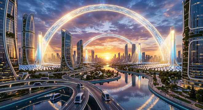 Futuristic Smart City at Sunset with Autonomous Transportation and Sustainable Architectur