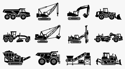 Modern Black and White Line Art Set of 12 Heavy Construction Equipment Vehicles and Machines with high quality professional line art symbols for modern creative design and digital branding projects © alya