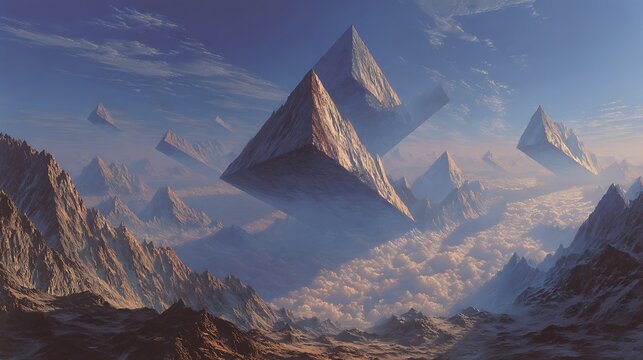 Surreal mountain landscape featuring massive geometric floating pyramids above a dense cloud layer at sunset with depicts surreal mountainous