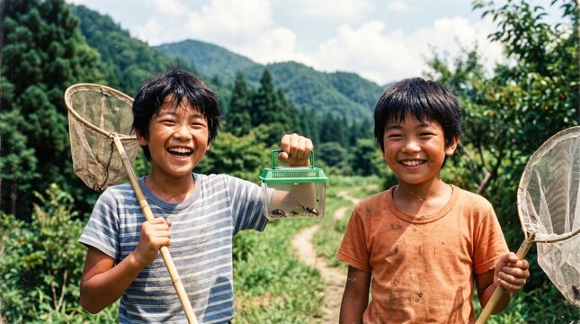 昭和の日本人小学生：緑豊かな山々を背景に、虫捕り網と虫かごを手にして満面の笑顔を見せる、昆虫採集中の日本人小学生男子たちのクローズアップポートレート