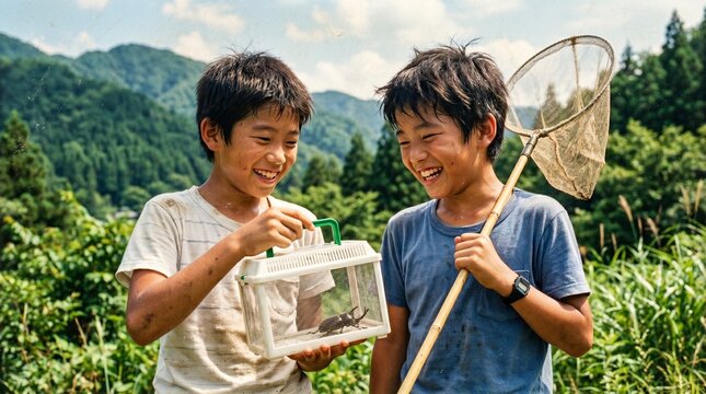 昭和の日本人小学生：緑豊かな山々を背景に、虫捕り網と虫かごを手にして満面の笑顔を見せる、昆虫採集中の日本人小学生男子たちのクローズアップポートレート