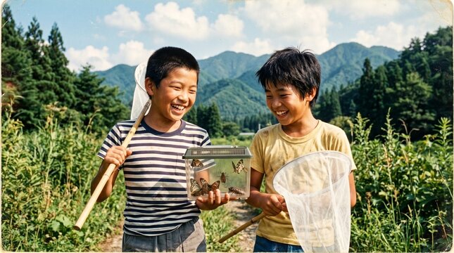 昭和の日本人小学生：緑豊かな山々を背景に、虫捕り網と虫かごを手にして満面の笑顔を見せる、昆虫採集中の日本人小学生男子たちのクローズアップポートレート