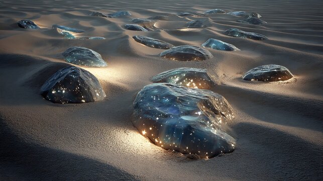 Luminous translucent gemstones scattered across vast rippled sand dunes under soft golden hour illumination with surreal desert landscape crystal objects embedded