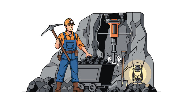 Hardworking coal miner holding a pickaxe next to a mining cart loaded with coal inside an underground mine.