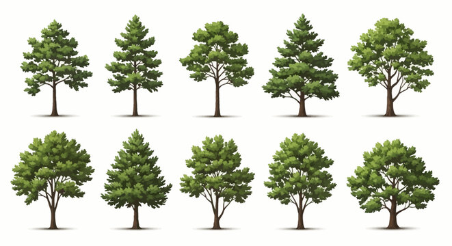 Collection of diverse green trees with detailed foliage and brown trunks arranged in two rows against a clean white background, showcasing various species