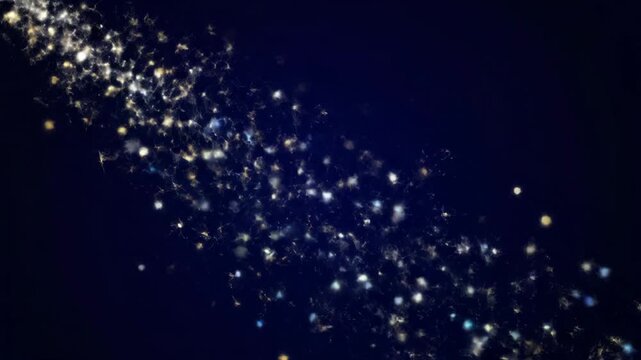 Abstract stream of shining glowing particles flowing diagonally across a deep dark blue background. Conceptual visualization of data flow, cosmic elements, or magic dust bokeh effect.