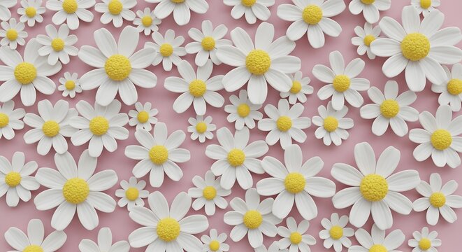 Top view of 3D white daisy flowers scattered over a pastel pink background illustration.