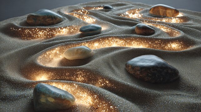 Abstract surreal sandscape featuring glowing light pathways between smooth polished stones in darkened setting with surreal landscape glistening