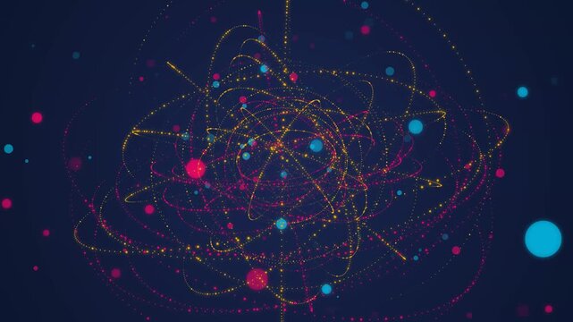 Glowing particles move in orbital circular patterns creating dynamic energy streams across deep space void