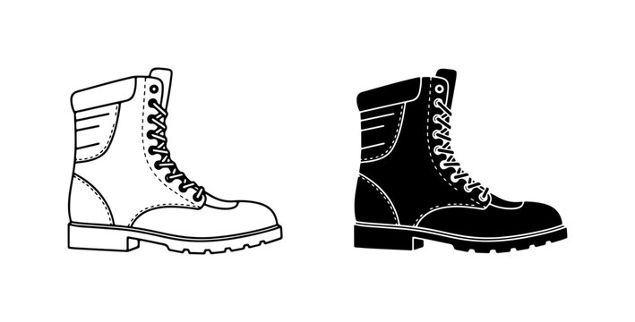 Work Boots Vector Icons, Rugged Footwear Illustrations, Combat Boot Graphics, Black and White Shoe Designs