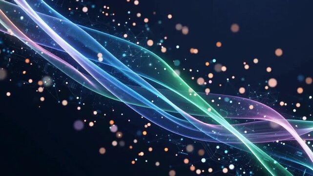 Abstract digital binary code data stream and glowing light trails wave loop background.