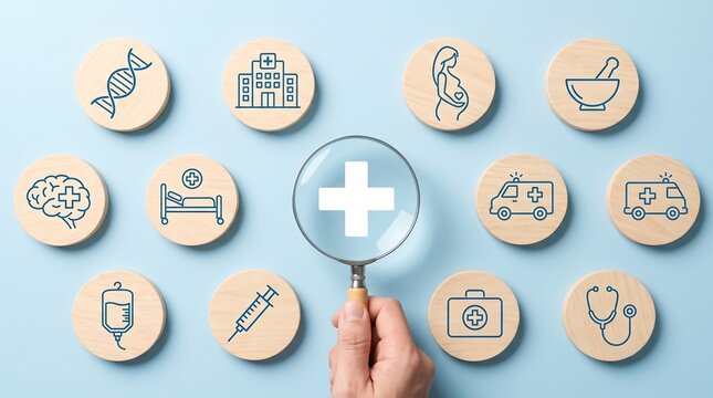 Hand holding magnifying glass over healthcare icons on wooden blocks with blue background for medical concept of diagnostic testing and professional health services examination