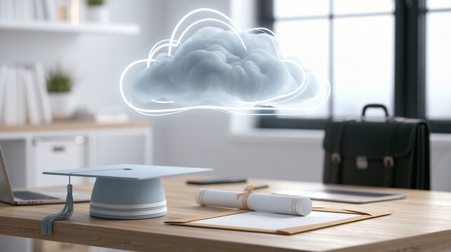 Home desk with graduation cap, laptop, notebook, pen and cloud icon symbolizes remote class, online business degree and digital career study.