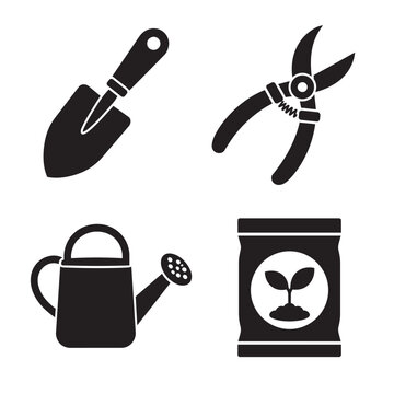 Gardening tools icons set for planting and growing
