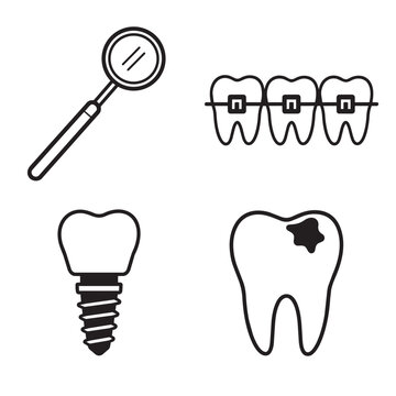 Dental care tools and oral health treatment icons