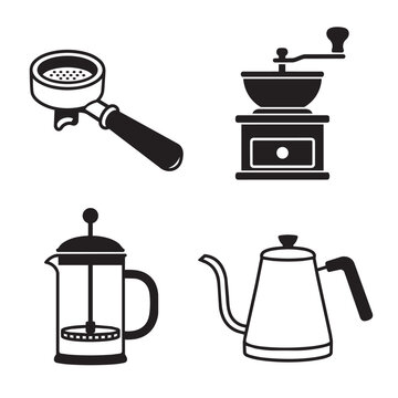 Coffee brewing equipment icons showing preparation tools