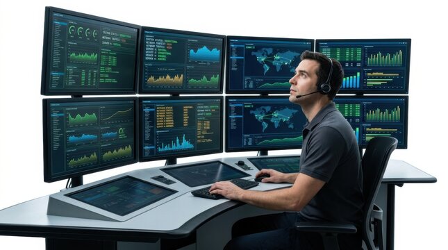Professional male trader working at a desk with multiple computer monitors displaying financial stock market data graphs