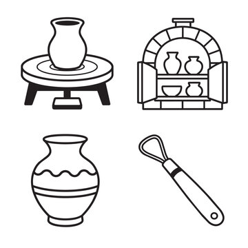 Pottery making process with wheel, kiln, vase, and tool