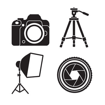 Photography studio equipment icons including camera lens and lighting