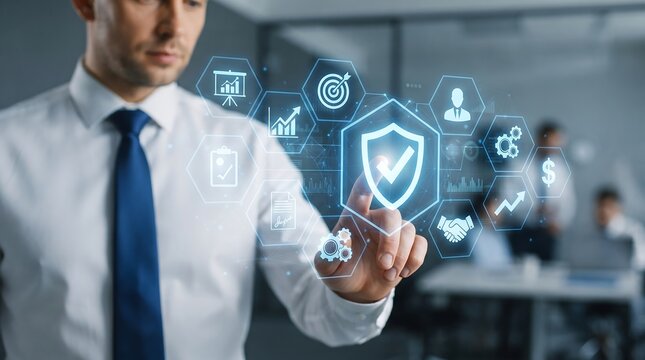 Professional man interacting with digital holographic interface showing security shield and business icons for corporate data protection and risk management strategy