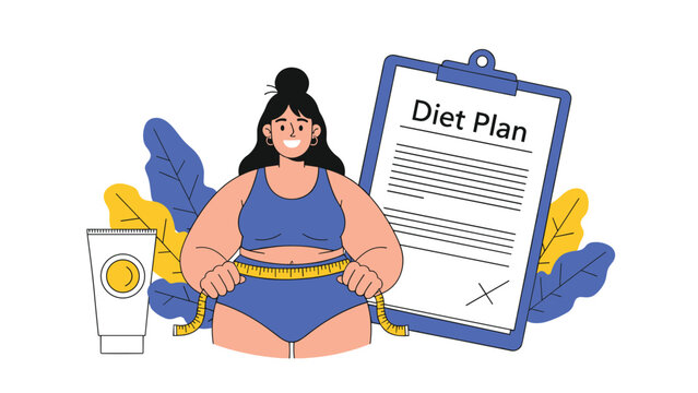 Plus size woman measuring her waist with a yellow tape next to a diet plan clipboard and slimming body cream.
