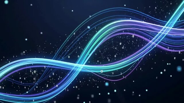 Glowing binary data stream and cyber network wave loop video background.