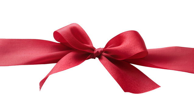 Isolated elegant festive bright red satin gift ribbon and bow horizontally arranged