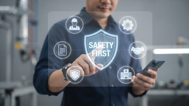 Industrial professional touching digital safety first shield interface on smartphone screen in factory setting showing protective measures and operational health and safety standards
