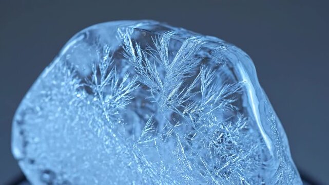 Macro closeup of clear ice block showing intricate internal fractal frost patterns and dendritic crystal formations in cold blue light