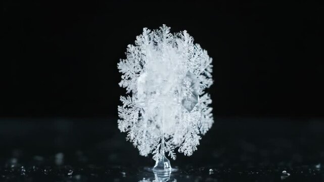 Extreme Macro View of a Perfect Dendritic Snowflake Crystal on Black Background. Intricate Ice Structure, Cold Winter Weather and Science Concept Footage.