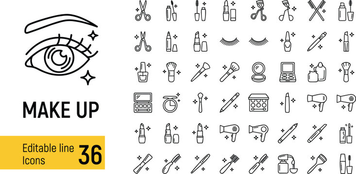 Professional cosmetic makeup and beauty salon line icon set featuring lipstick mascara brushes skincare products and fashion tools