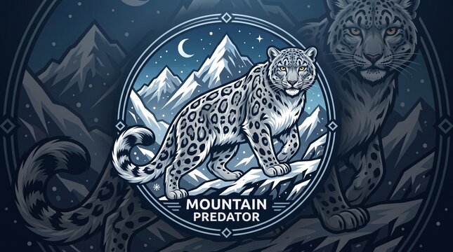 *Snow leopard logo with yellow eyes on snowy mountains. Text "MOUNTAIN PREDATOR" below. Dark blue night, stars, and moon background.*