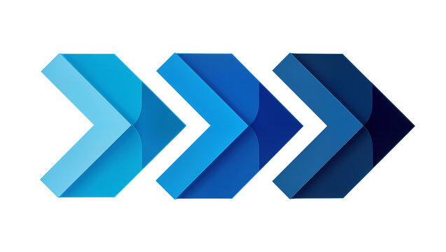 Isolated three dimensional blue gradient chevron arrows representing progress and sequential movement
