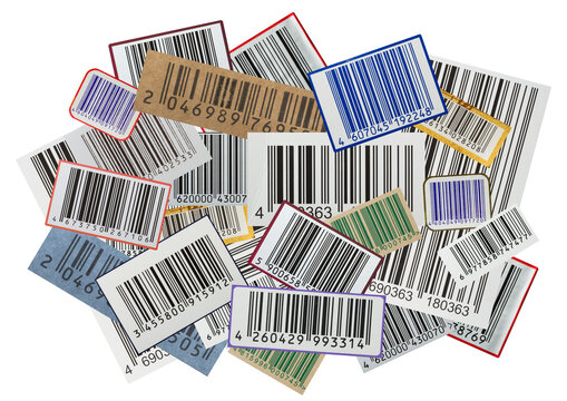 Collection of barcode labels and stickers isolated on transparent background.
