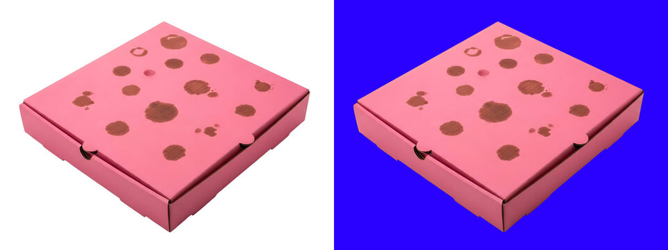 A pink square pizza box with a pattern of dark brown circles, isolated on a white background, food delivery packaging for takeaway meals isolated on a transparent background