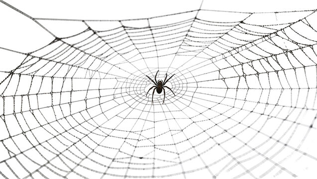 Isolated detailed spider web with a dark spider in the center, intricate natural trap