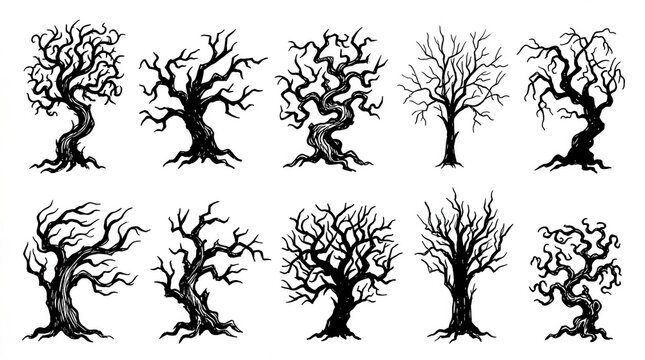Set of ten hand drawn black dead trees with bare branches isolated on a white background for halloween nature design