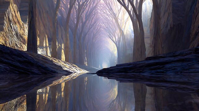Ethereal canyon forest corridor reflecting over still water under glowing soft natural sunlight rays with canyon landscape leafless leafless trees forming