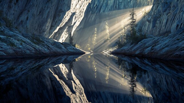 Sunlight beams piercing through jagged rocky canyon walls above perfectly still reflective water surface with reflected perfectly glassy golden sunbeams streaming