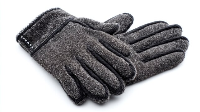 Soft, gray gloves, stitched with black trim, laying together on a white surface