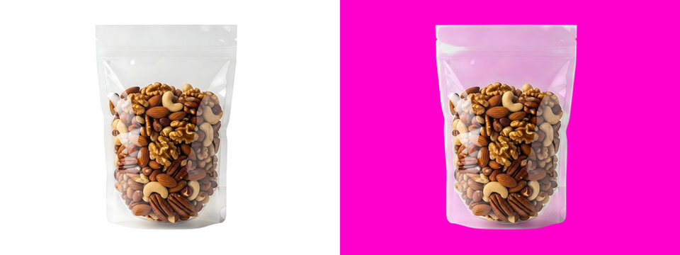 A clear plastic stand-up pouch filled with a mixed variety of nuts, isolated on a white background, featuring a transparent resealable bag isolated on a transparent background