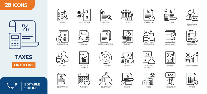 Taxes line editable icon set. Vector illustration