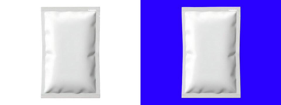 A blank white plastic food sachet or pouch packaging mockup, isolated on a white background, for branding and, product label presentations isolated on a transparent background