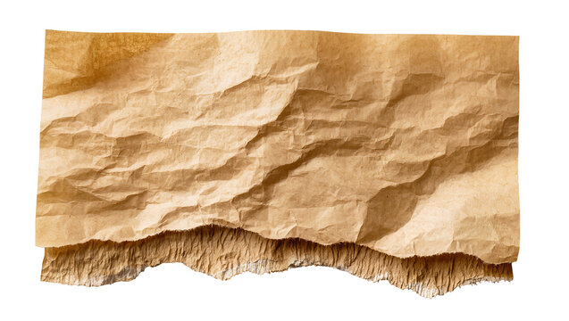Isolated piece of crumpled brown paper with a rough ripped bottom edge, textured surface