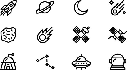 Space and astronomy line icons featuring rocket, celestial planets, satellite, ufo, comet, constellation, asteroid and astronaut helmet and station © Nur