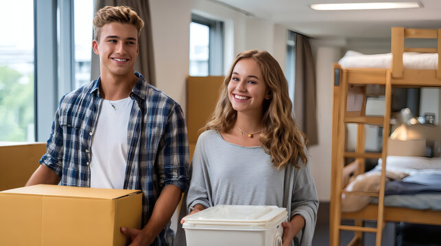 Happy young students moving into a modern college dorm room, carrying boxes and storage containers, smiling and excited for a new beginning.