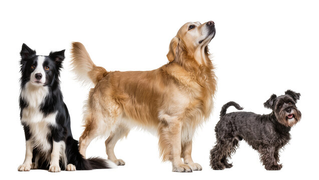 Isolated three different purebred dogs a Border Collie a Golden Retriever and a Schnauzer looking up