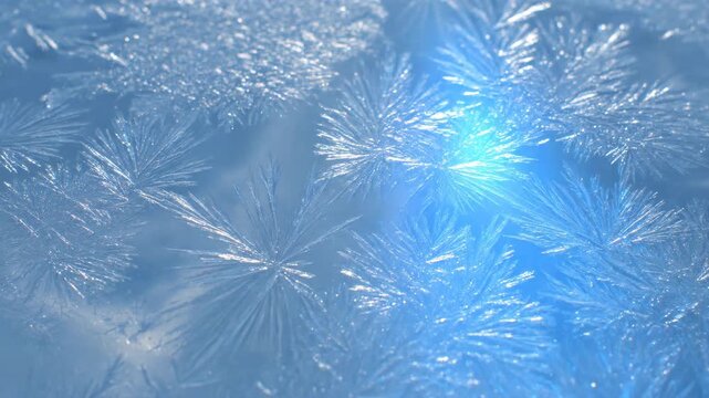 Detailed macro shot of beautiful natural frost patterns forming intricate ice crystals on a window pane, illuminated by winter sunlight against a cold blue background.
