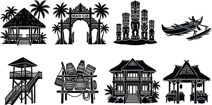 Tropical Island Beach Resort Silhouette Vector Set Featuring Tiki Masks Outrigger Canoe Bungalow Gazebo Hut and Gate