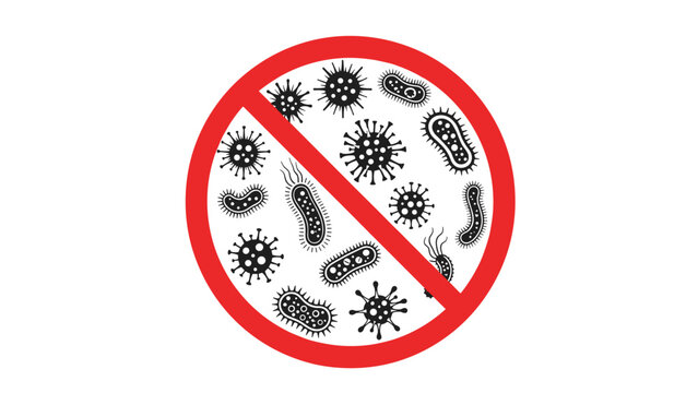 Black virus and bacteria illustrations enclosed in a red stop sign indicating disinfection or medical protection.
